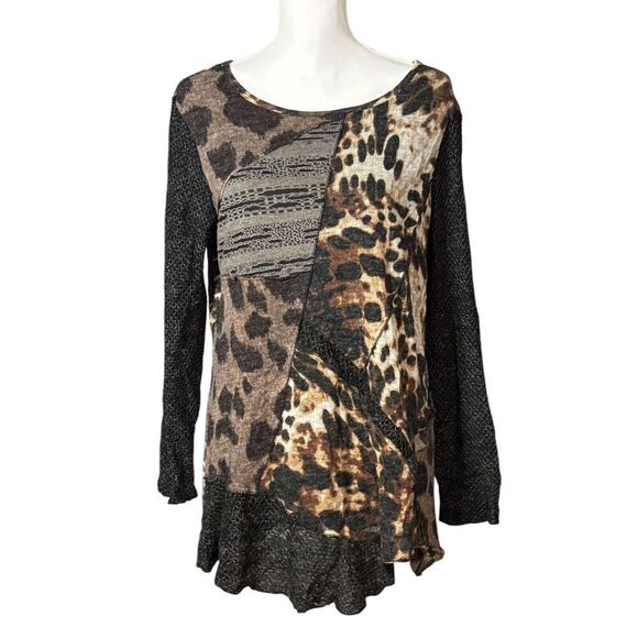 Ali Miles Sweater Size 1X Animal Print Brown Artsy Lagenlook Wearable Art Mature - Picture 1 of 10